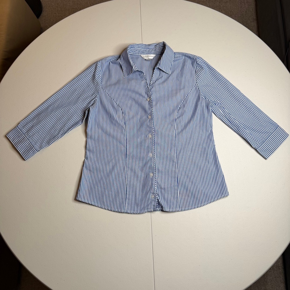 Christopher & Banks Womens Small Blue White Striped 3/4 Sleeve Button Down Shirt